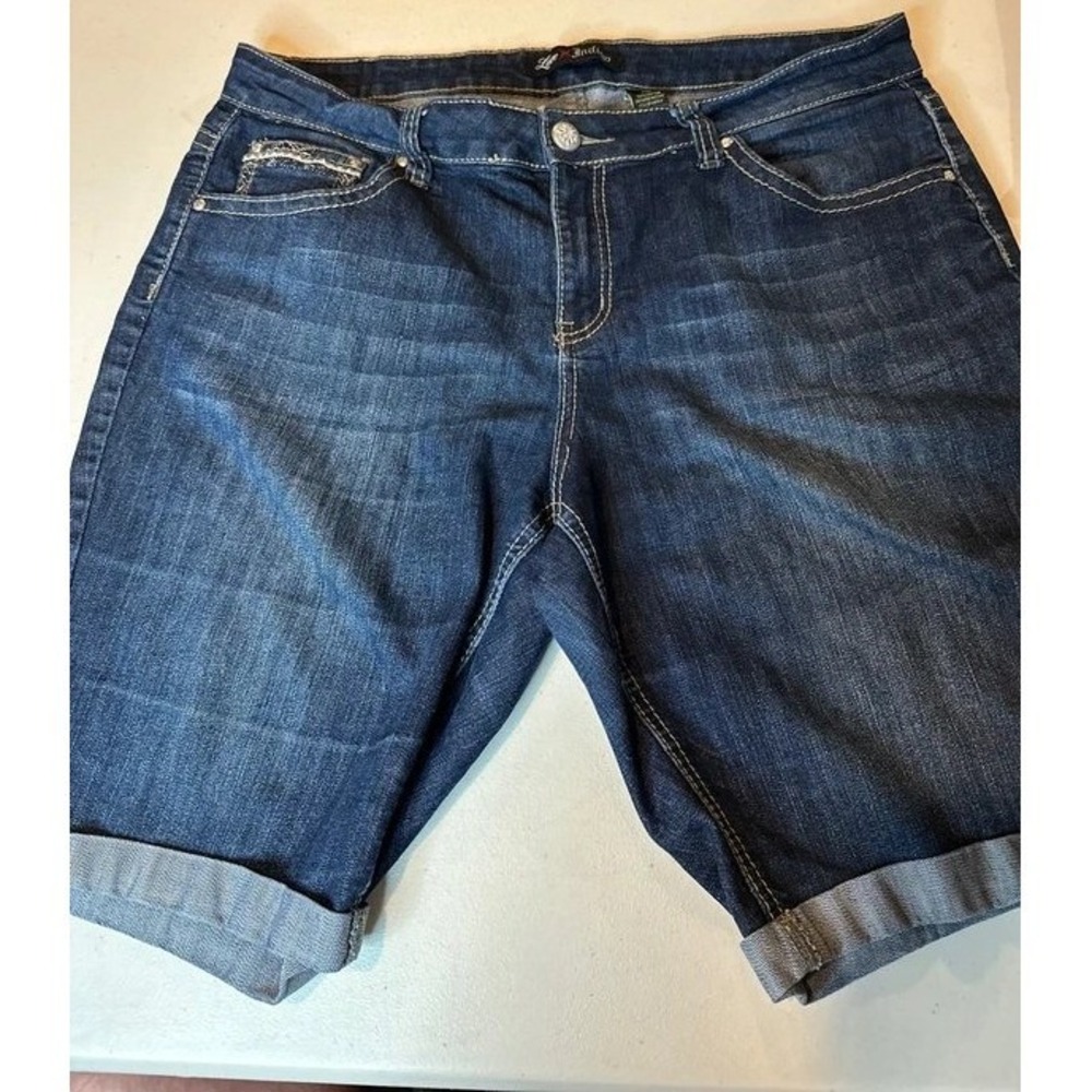 Love Indigo Womens Blue Denim Bermuda Shorts Embellished Cross Pockets Size 16